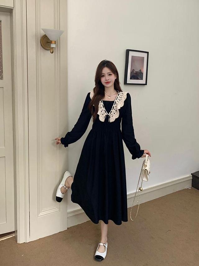 Long Sleeve Square Neck Lace Panel Midi A-Line Dress Product Image