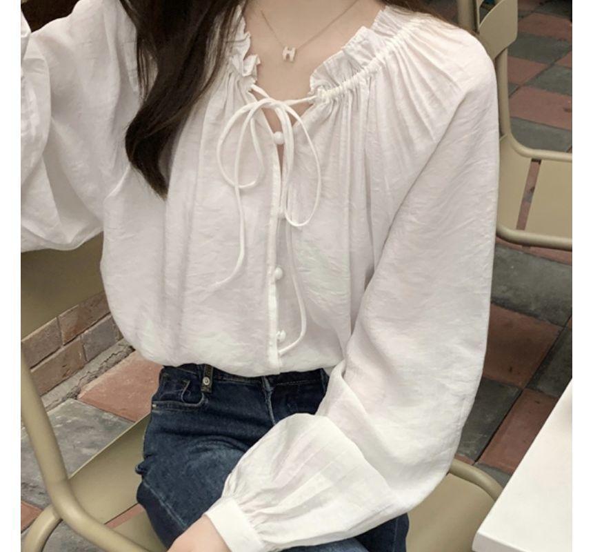 Long-Sleeve Tie-Neck Plain Frill Trim Button-Up Blouse Product Image