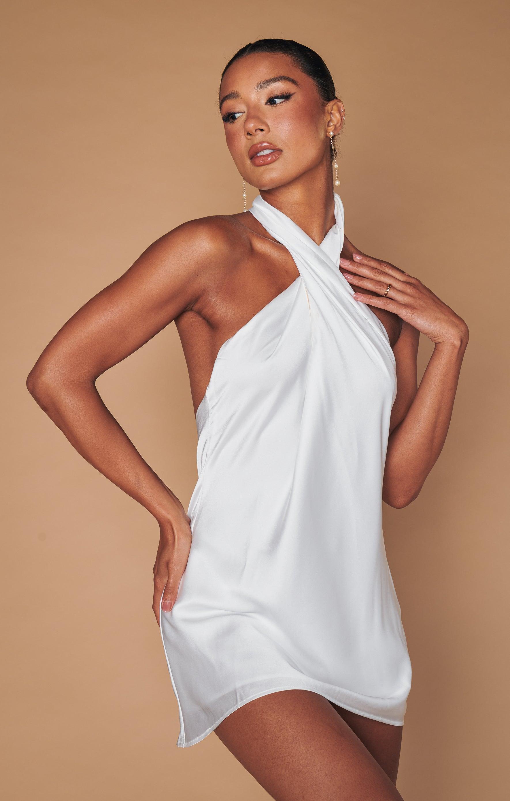 Jasmine Halter Mini Dress ~ Ivory Luxe Satin Product Image