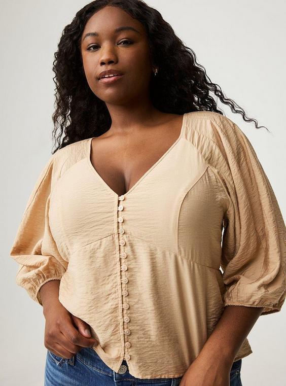 Button Front V-Neck Crop Blouse  Product Image