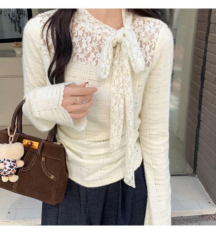 Long-Sleeve Stand Collar Lace Panel Bow Ruched Slim Fit Top Product Image