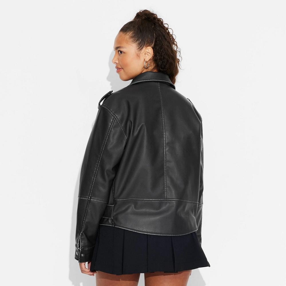 Womens Faux Leather Oversized Moto Jacket - Wild Fable Black M Product Image