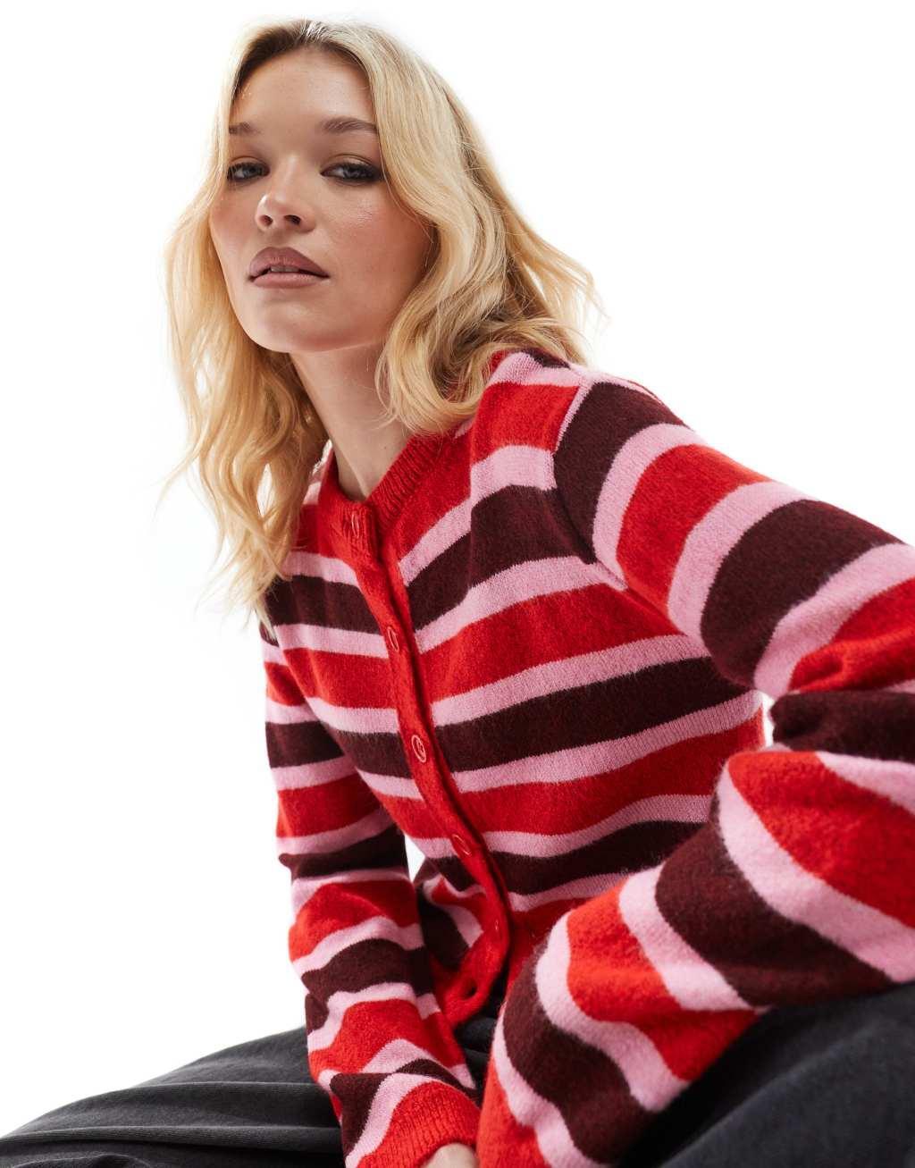 ASOS DESIGN boxy fit knit cardigan in red and burgundy stripe Product Image