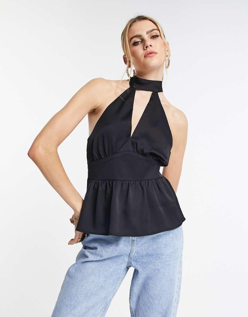 Topshop satin halter top in black  Product Image