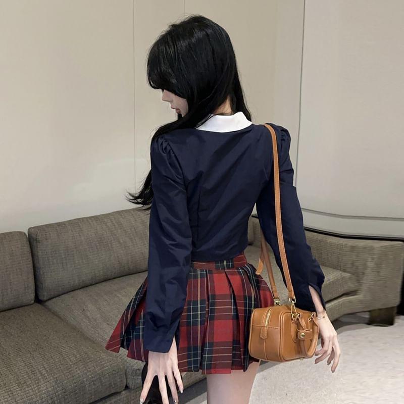 Long-Sleeve Lettering Shirt / Plaid Mini Pleated Skirt / Tie / Set Product Image