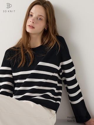 Womens 3D Knit Cotton Crew Neck Sweater Striped Black Small UNIQLO US product image