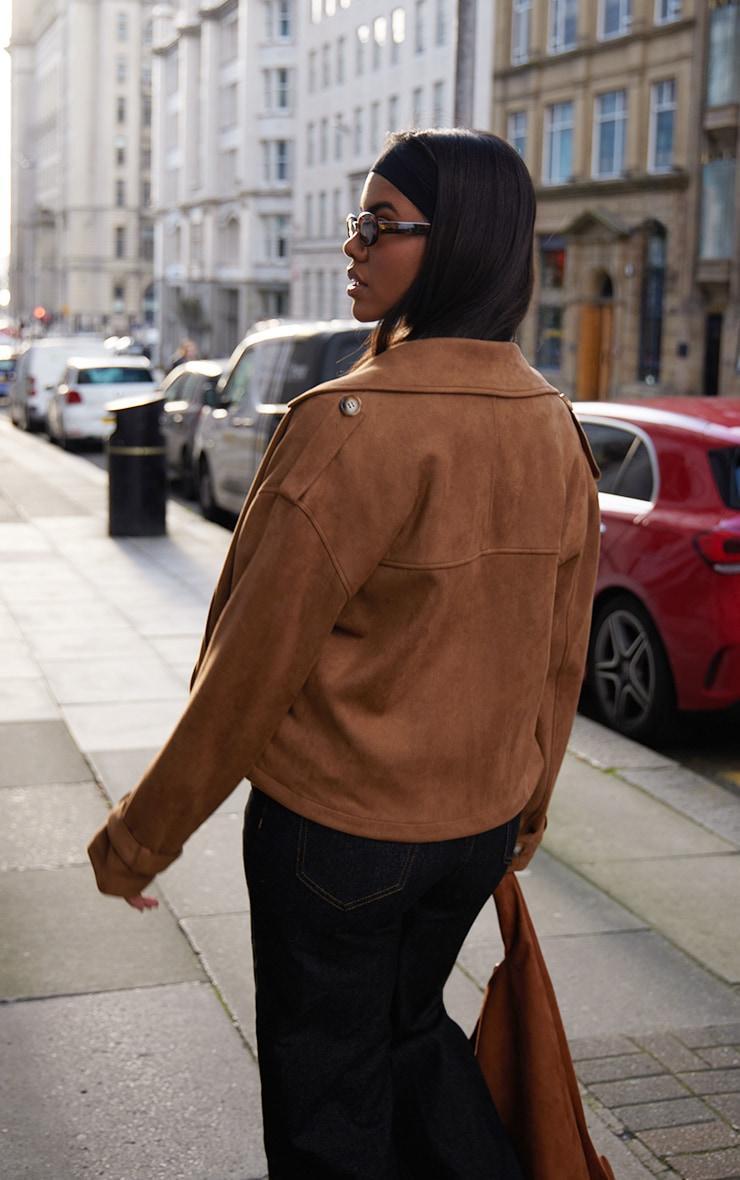 Brown Faux Suede Double Breasted Cropped Trench Coat Product Image