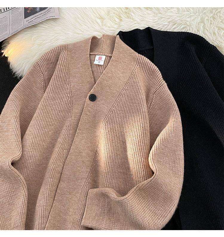 V-Neck Plain Ribbed Cardigan Product Image