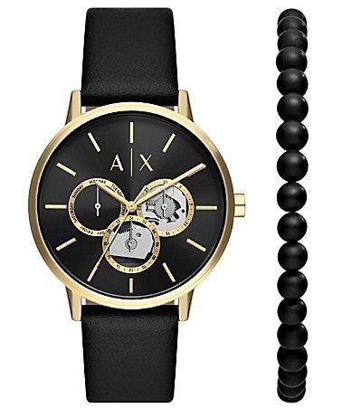 Armani Exchange Mens Multifunction Black Leather Watch and Black Onyx Beaded Bracelet Set Product Image