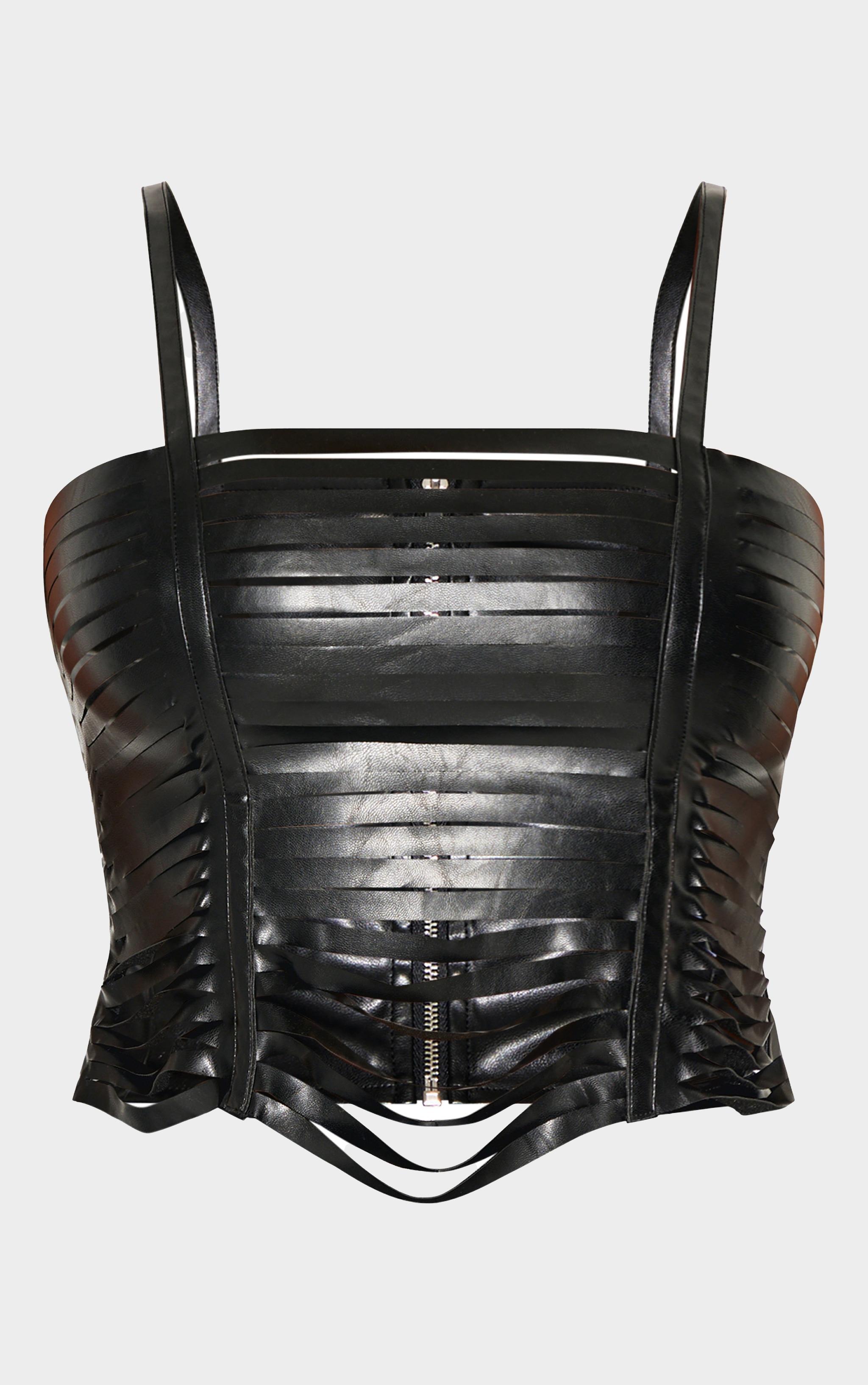 Shape Black Faux Leather Shredded Long Top Product Image