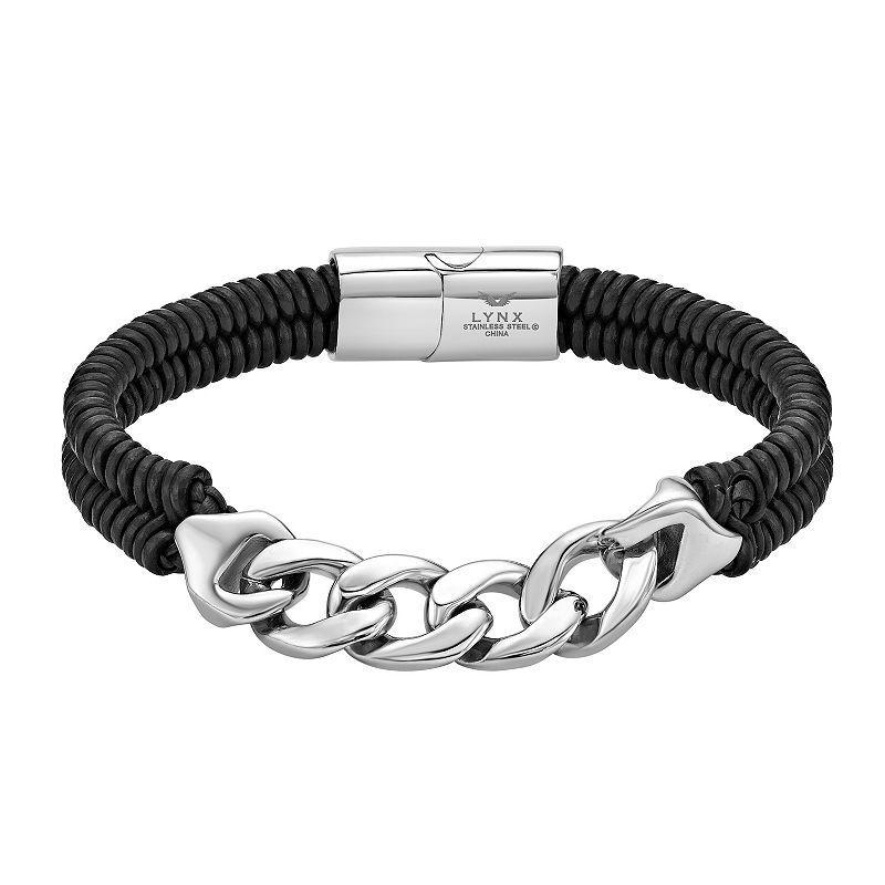 LYNX Mens Stainless Steel Curb Chain & Black Leather Bracelet Product Image