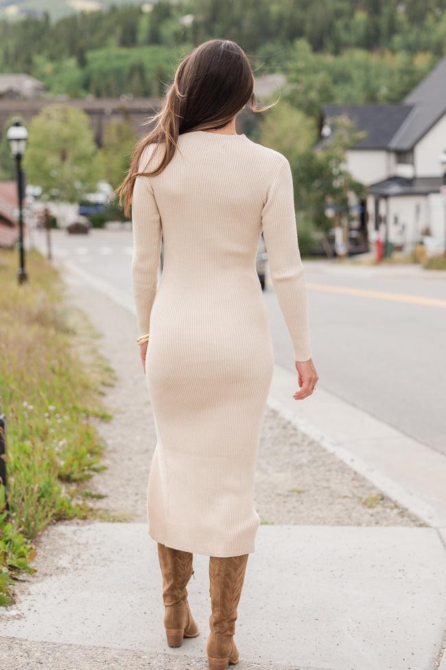 Next In Line Taupe Split Leg Mock Neck Midi Dress FINAL SALE Product Image