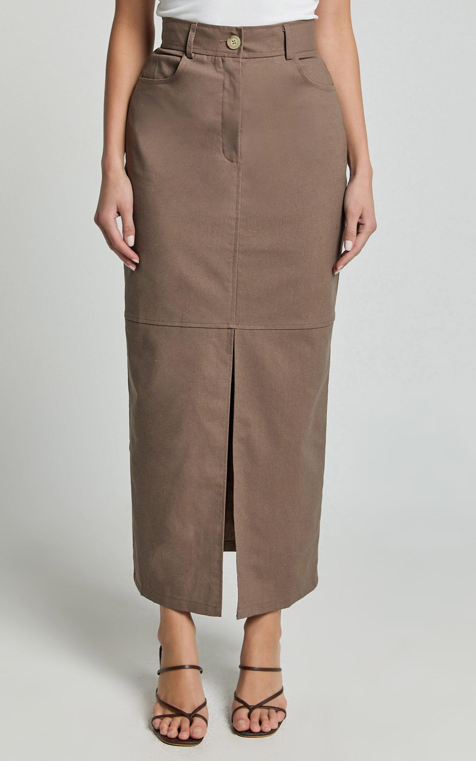 Vanna Midi Skirt - High Waisted Front Slit Skirt in Mocha Product Image