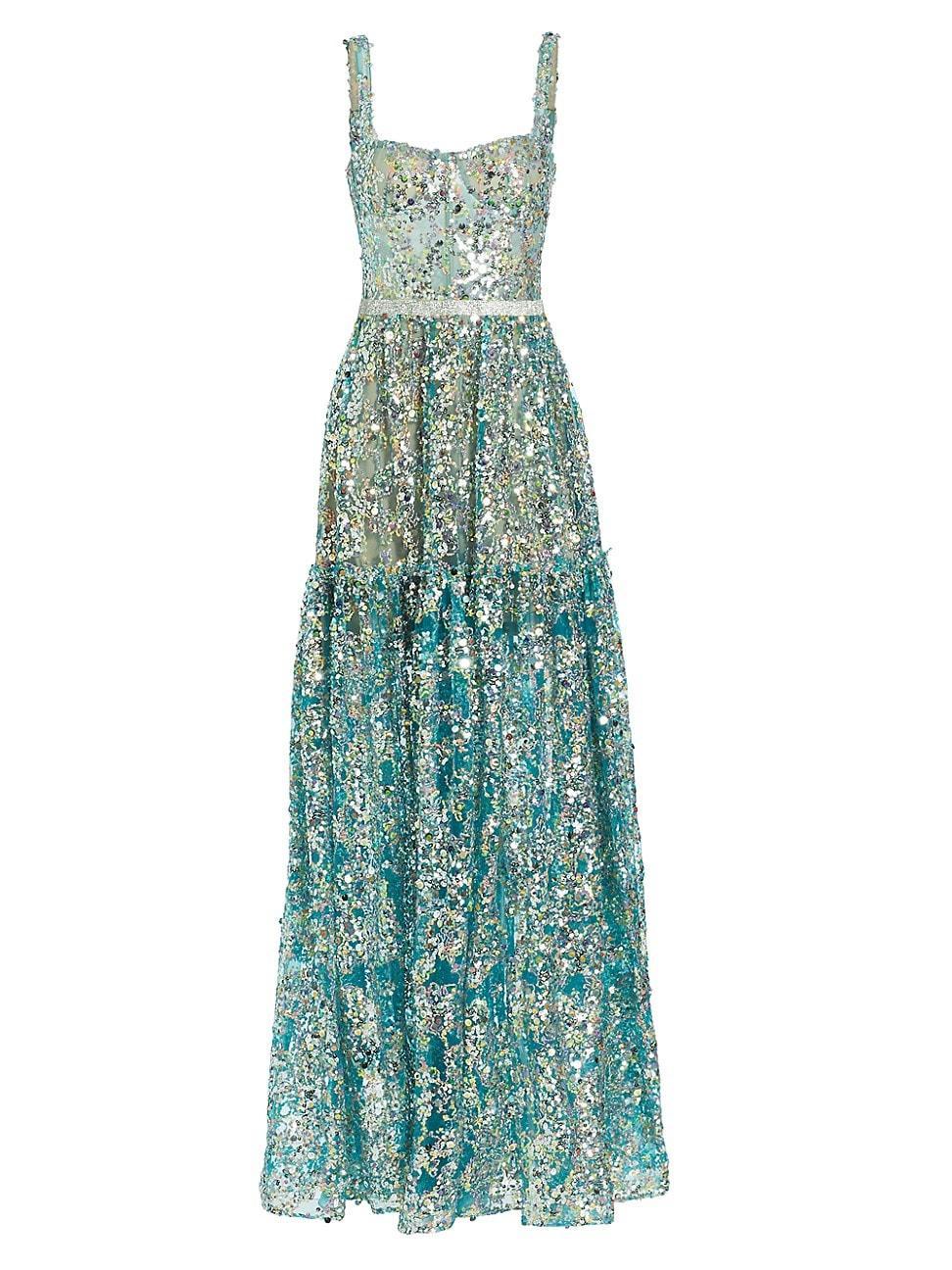 Womens Midnight Sequined Tiered A-Line Gown Product Image