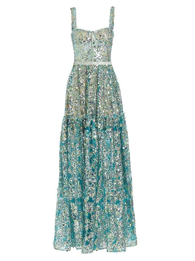 Womens Midnight Sequined Tiered A-Line Gown Product Image