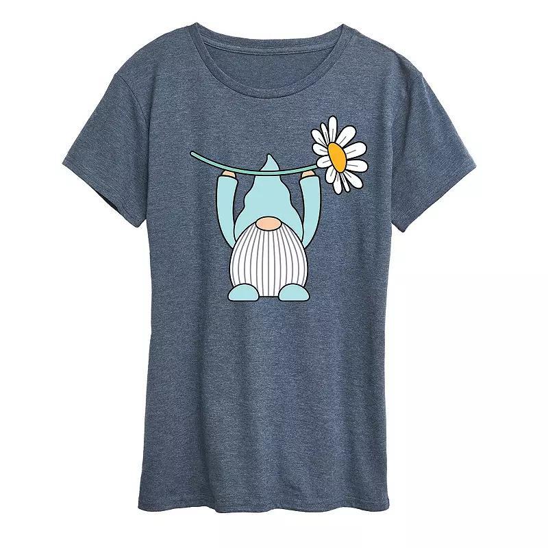 Womens Gnome Holding Daisy Graphic Tee Grey Blue Product Image