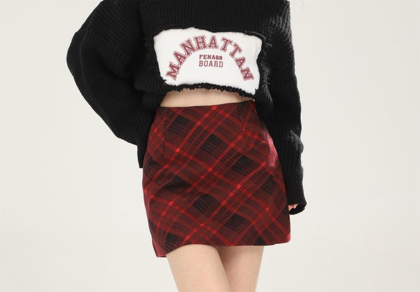 High Waist Plaid Mini Pencil Skirt Product Image