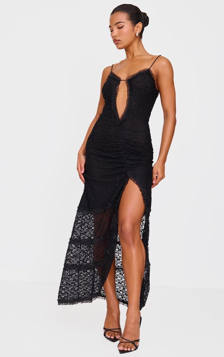 Black Lace Mesh Cut Out Maxi Dress Product Image