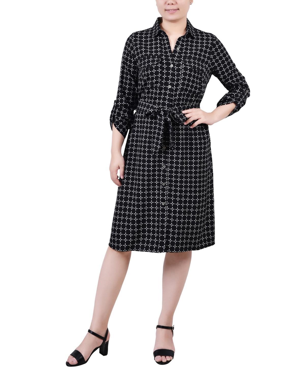 Ny Collection Petite Geometric Printed Long Sleeve Roll Tab Shirtdress Product Image