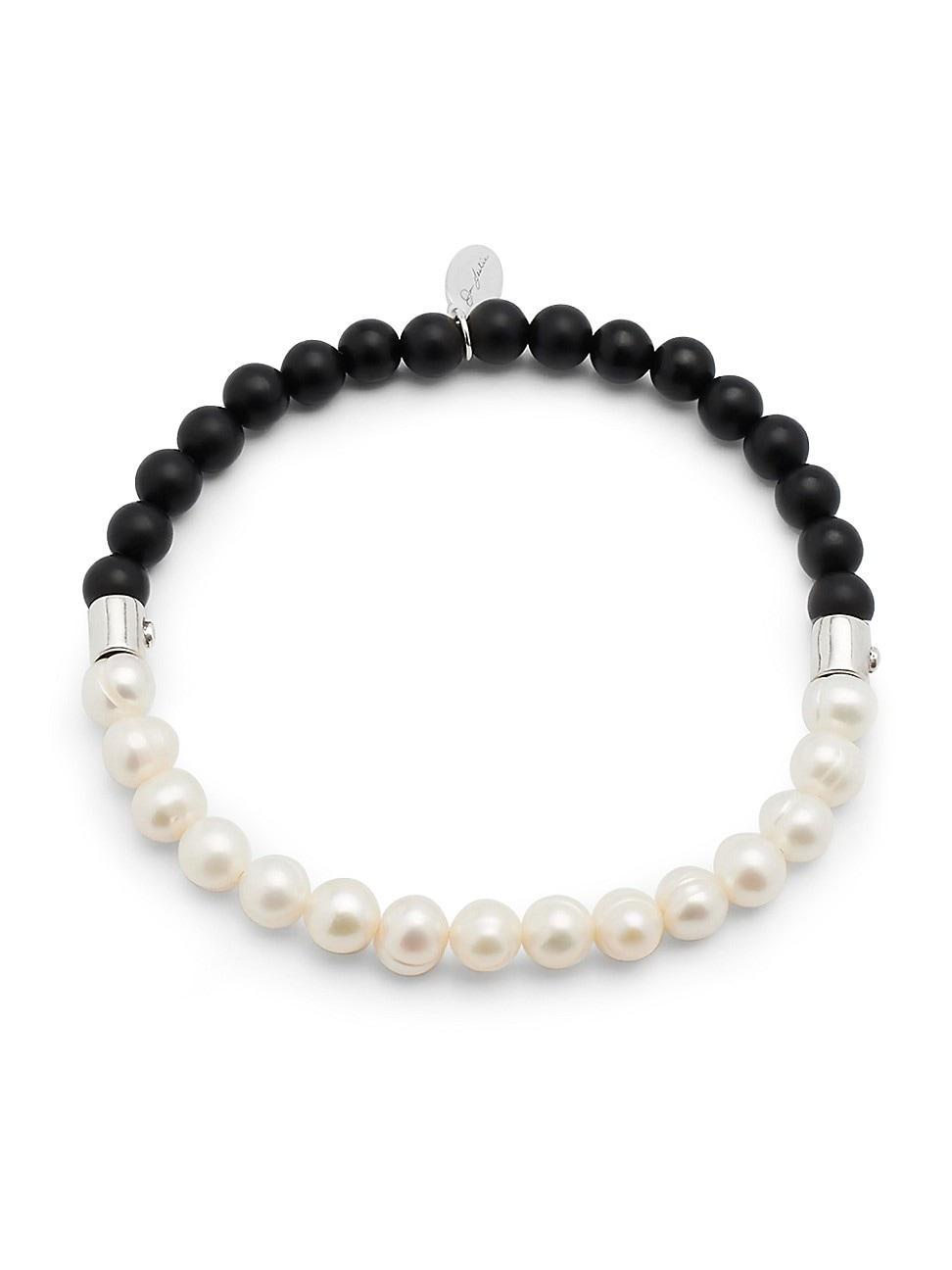 Mens Split Freshwater Pearl & Black Onyx Beaded Bracelet Product Image