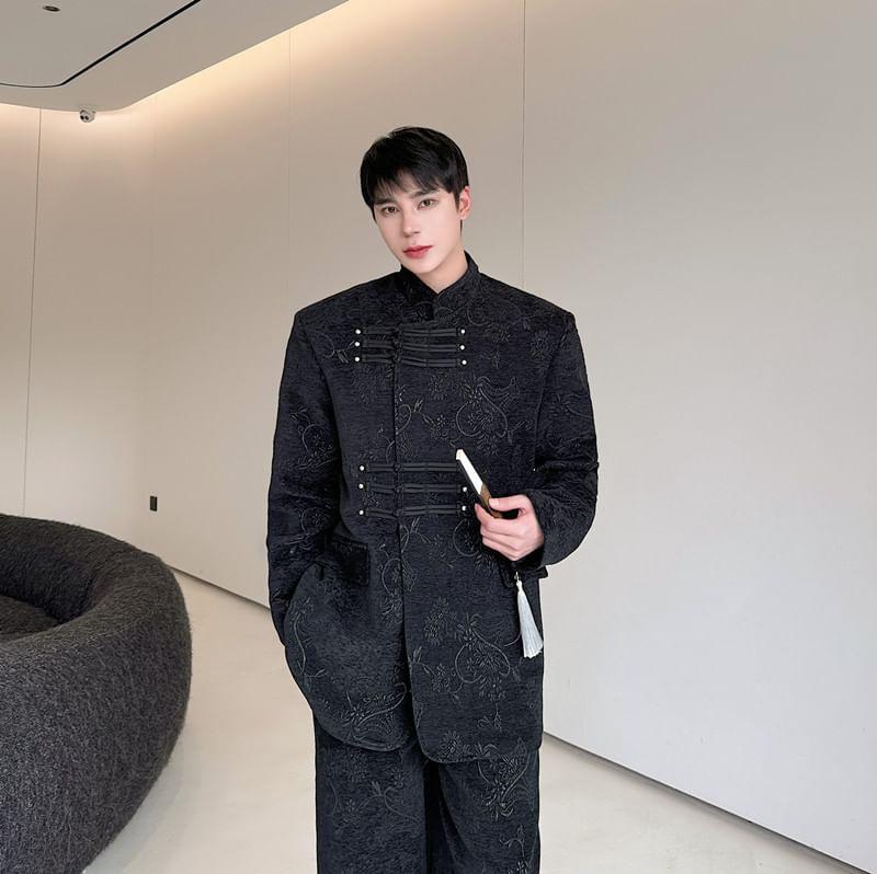 Set: Stand Collar Frog Buttoned Jacket + Straight Leg Dress Pants Product Image