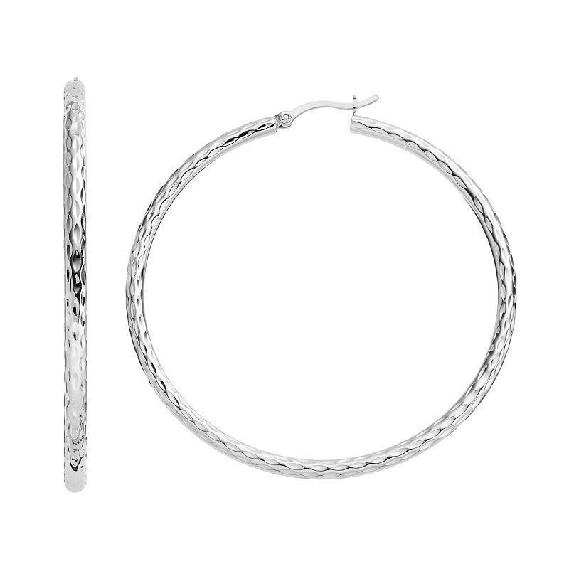 Platinum Over Silver Textured Hoop Earrings, Womens, Grey Product Image