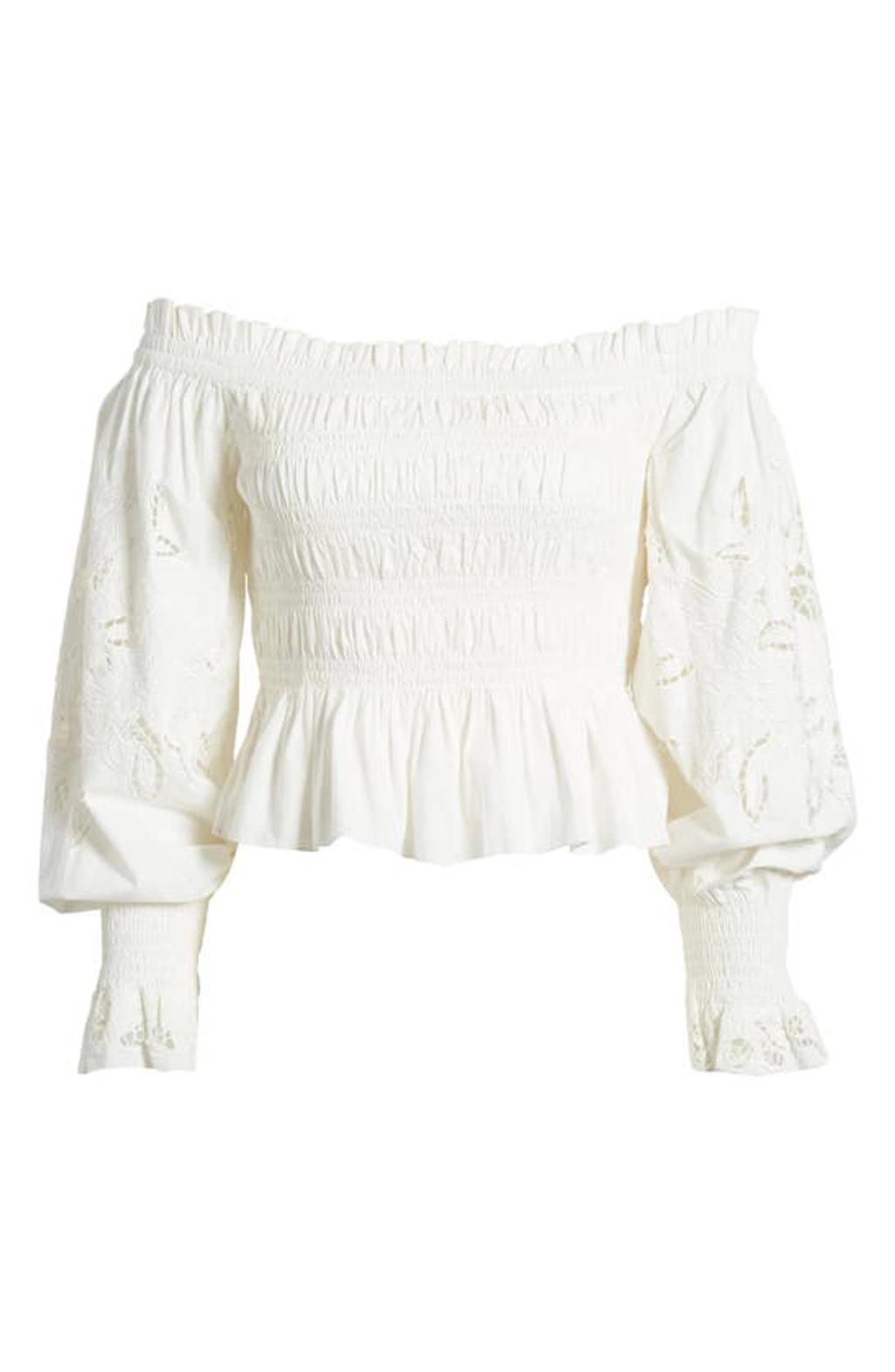 Lara Smocked Eyelet Embroidered Off The Shoulder Top In White Product Image