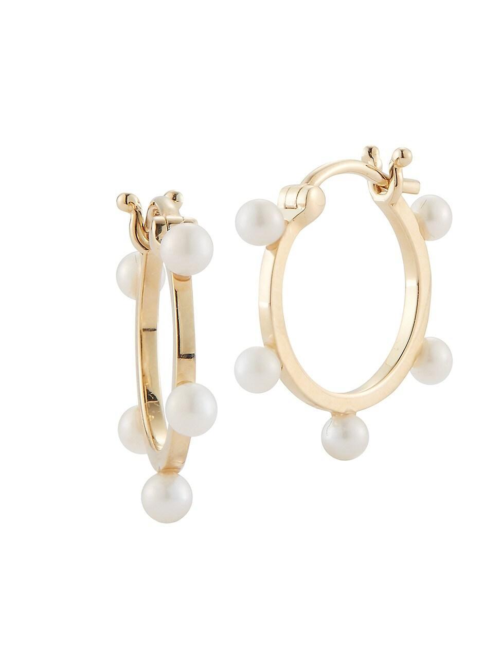 Womens 14K Yellow Gold & 3MM Cultured Freshwater Pearl Small Hoop Earrings Product Image