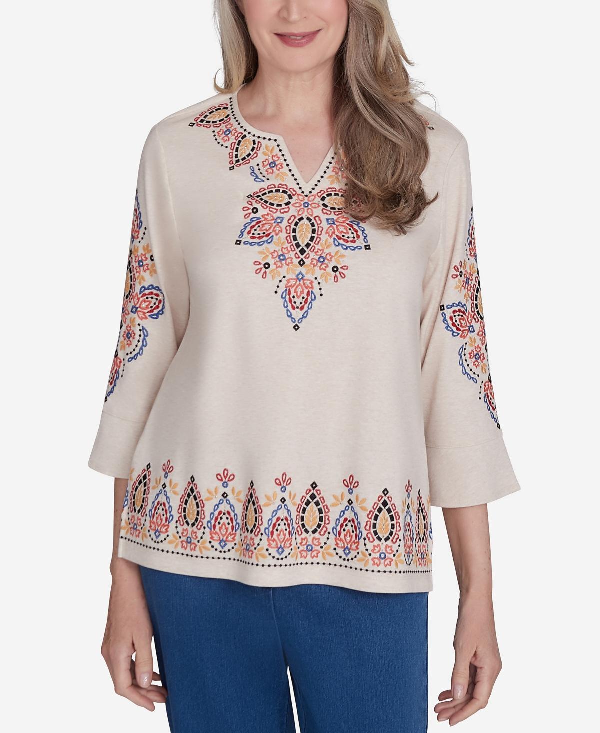 Womens Alfred Dunner Medallion Embroidered Flutter Sleeve Top Product Image