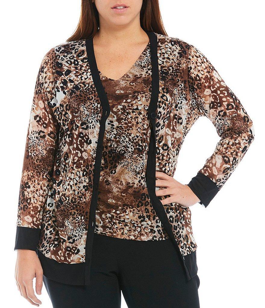 Kasper Plus Size Button Front Animal Mesh V-Neck Long Sleeve Coordinating Cardigan product image