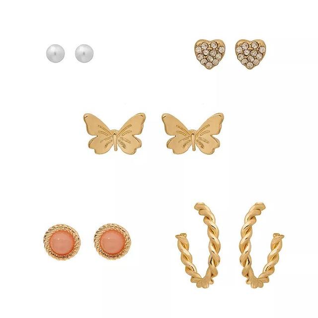 LC Lauren Conrad Gold Tone Butterfly Icon Earrings 5 Pack, Womens, Pink Product Image