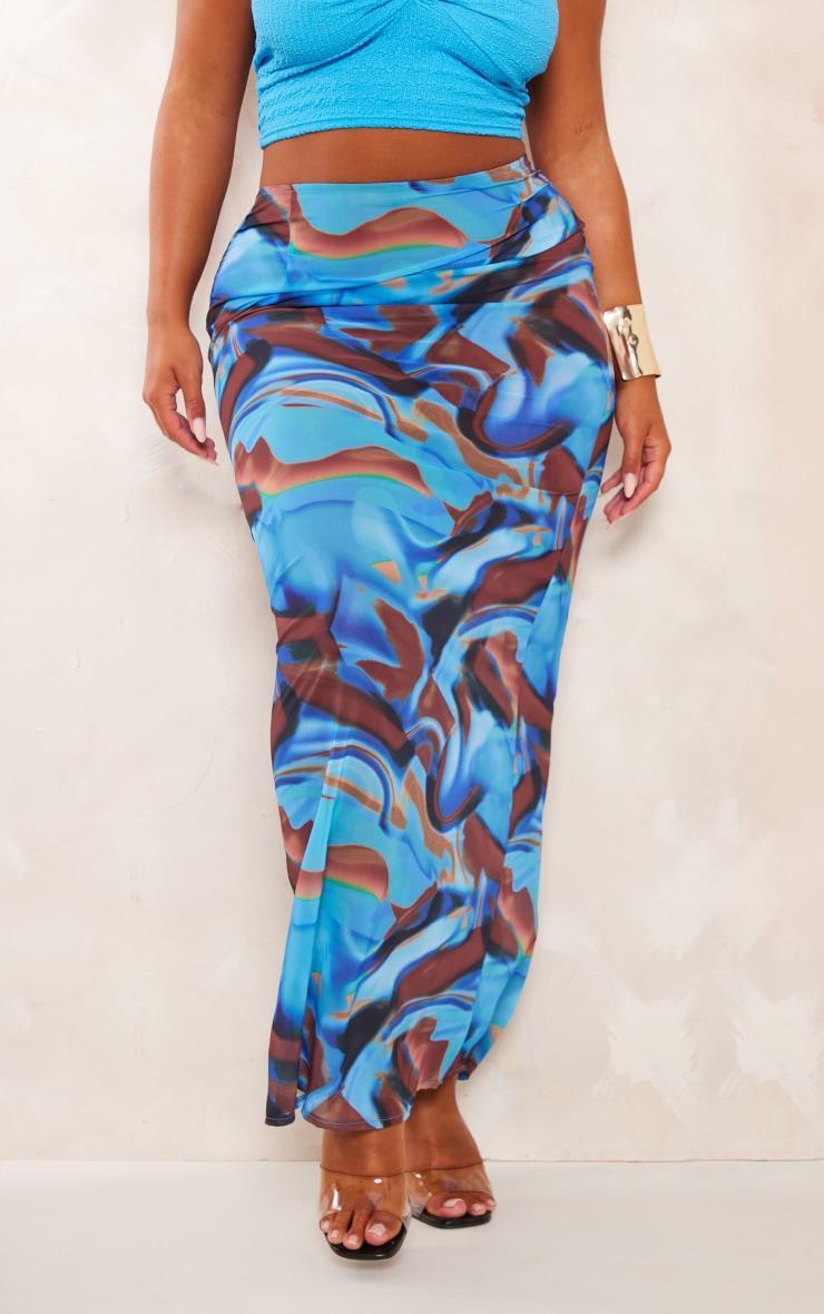 Shape Blue Abstract Print Woven Low Rise Maxi Skirt Product Image