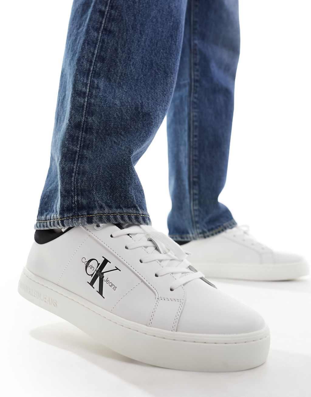 Calvin Klein Jeans leather classic low cupsole sneakers in white Product Image