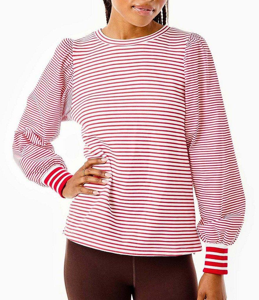 Addison Bay Penny Knit Stripe Crew Neck Long Puffed Poplin Sleeve Pullover Sweatshirt Product Image