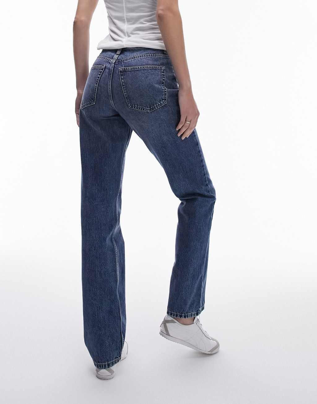 Topshop Tall high rise straight Kort jeans in mid blue Product Image