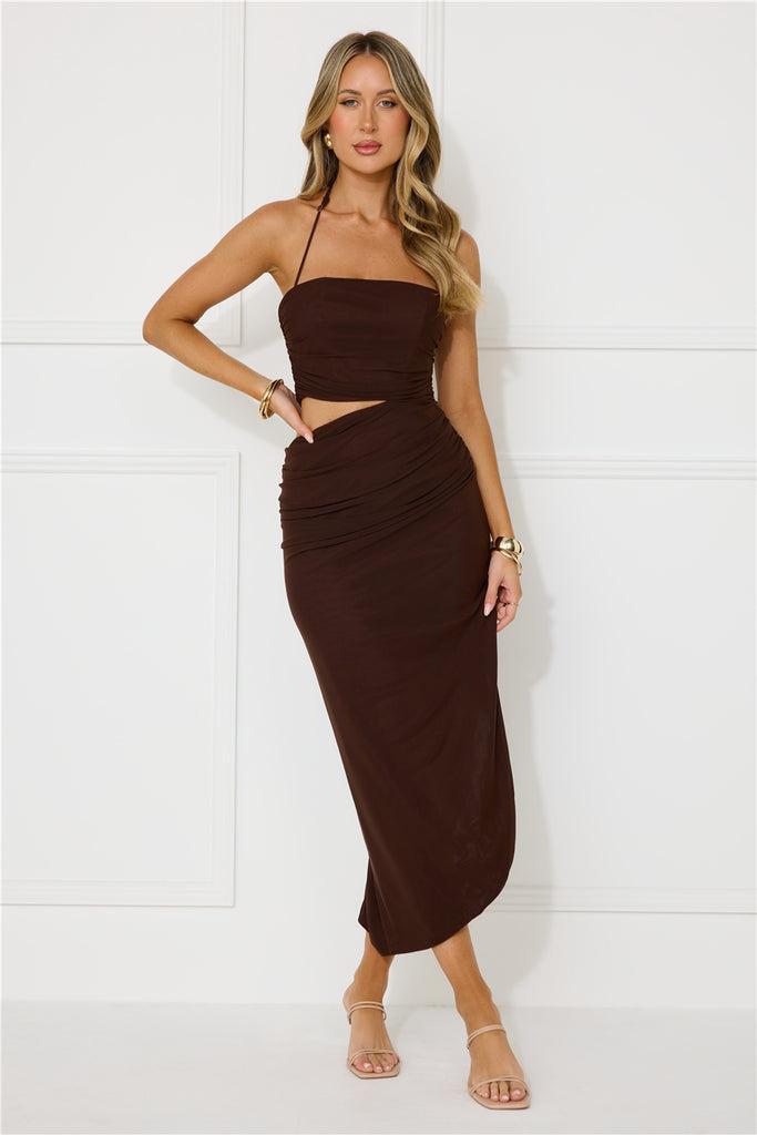 Midnight Enchantment Halter Mesh Midi Dress Brown Product Image