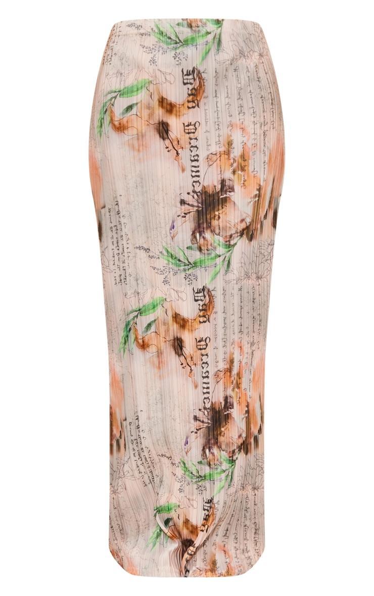 Beige Vintage Floral Printed Plisse Maxi Skirt Product Image