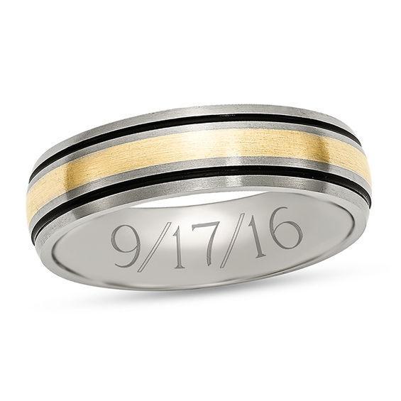 Men's 6.0mm Engravable Brushed Double Groove Wedding Band in Titanium with Black IP and 14K Gold Inlay (1 Line) Product Image