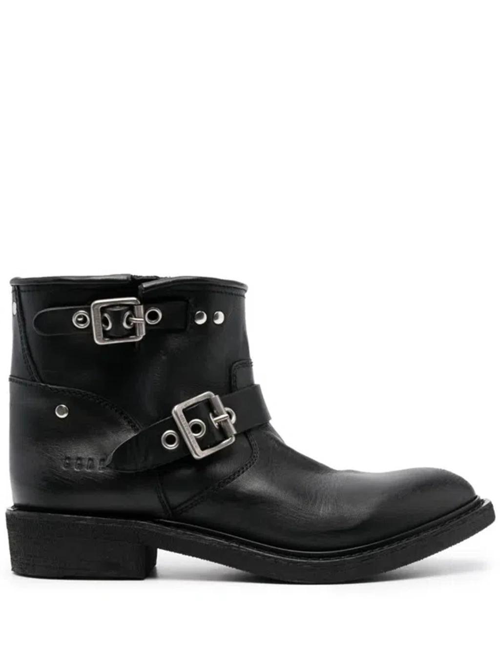 Leather Buckle Short Biker Boots In Black Product Image