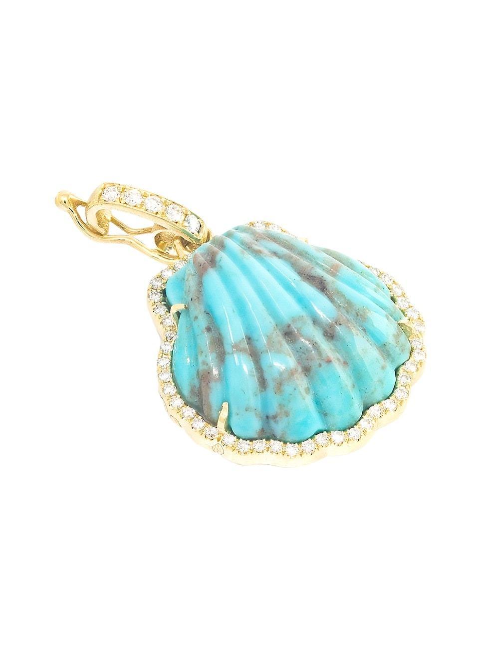 Womens Mini Charms 18K Yellow Gold, Turquoise & 0.30 TCW Diamond Carved Shell Pendant Product Image