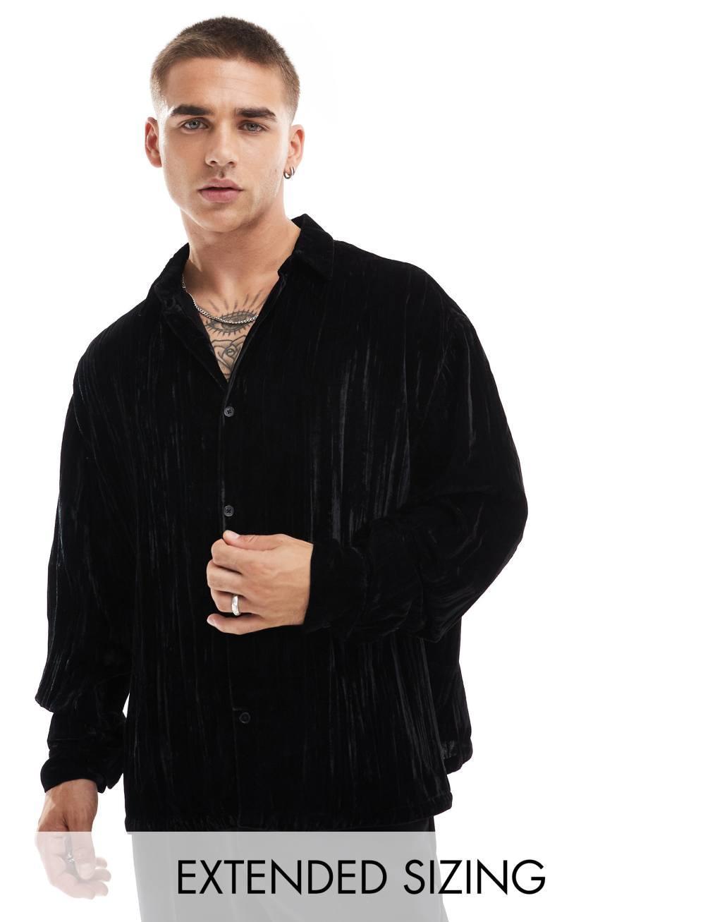 ASOS DESIGN boxy oversized crinkle velvet shirt in black Product Image