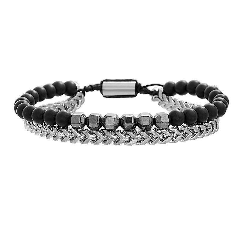 Mens Stainless Steel Franco Chain & Black Glass Bead Double Strand Adjustable Bracelet Product Image