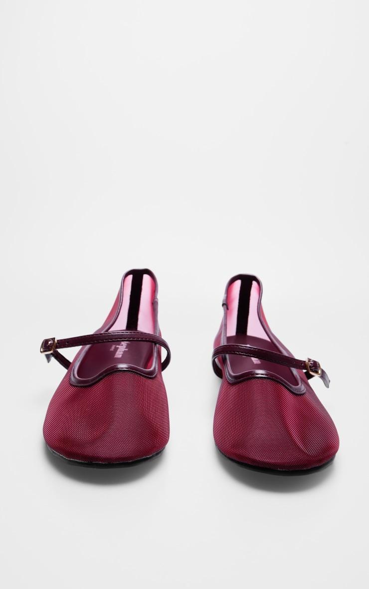 Burgundy Round Toe Mesh Buckle Ballet Pumps Product Image