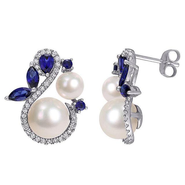 Stella Grace 10k White Gold Freshwater Cultured Pearl 1/3 Carat T.W. Diamond & Lab-Created Sapphire Earrings, Womens Product Image