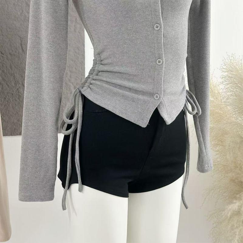 Long Sleeve V-Neck Plain Side-Drawstring Slim-Fit Button-Up Top Product Image