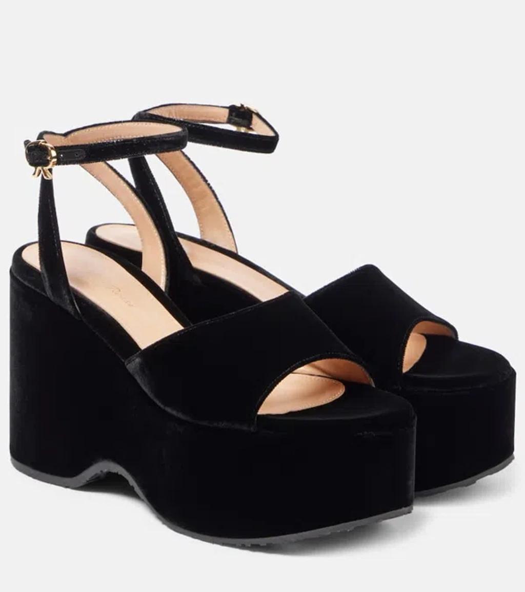 GIANVITO ROSSI Velvet Wedge Sandals In Black Product Image