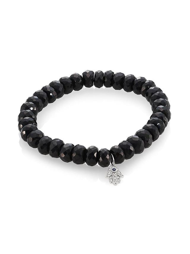 Womens Black Spinel, Diamond, Sapphire & 14K White Gold Rondelle Hamsa Bracelet Product Image