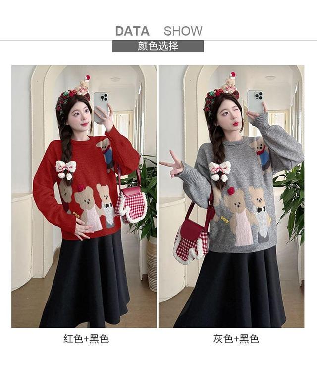 Maternity Crew Neck Bear Print Sweater / High Waist Plain Midi A-Line Skirt Product Image