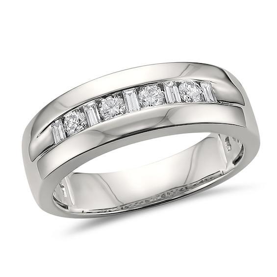 Men's 1/2 CT. T.w. Baguette and Round Alternating Channel Band in 14K White Gold Product Image