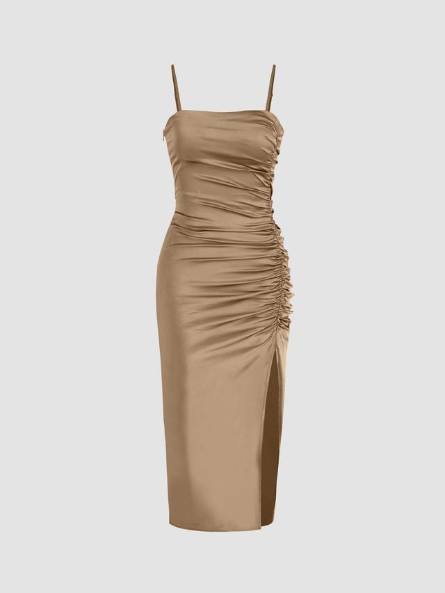 Solid Satin Ruched Split Midi Cami Dress Product Image